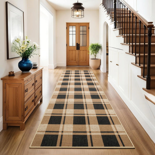 AROGAN Checkered Jute Runner Rug for Hallway, 2x6 Kitchen Runner Washable Rugs Carpet, Long Farmhouse Design Geometric Rugs for Entryway Indoor Laundry Welcome Mat 6 Ft Entry, Black and Brown