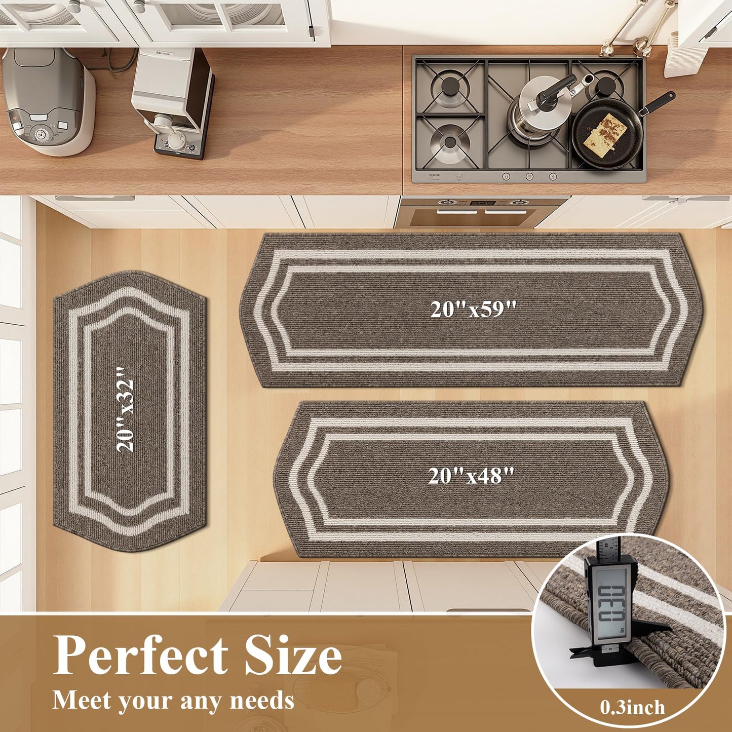 HEBE Farmhouse Kitchen Rugs Sets of 3 Non Slip Washable Boho Kitchen Rugs and Mats for Floor Kitchen Runner Rug Floor Carpet for Kitchen, Laundry, Hallways
