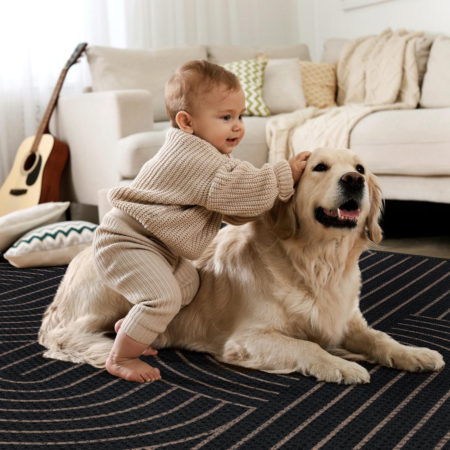 Tangsoo Rainbow Easy Jute Rug 2x6 Washable Runner Rug for Hallways,Non-Slip Thin Black Geometric Outdoor Rug Runner,Modern Farmhouse Carpet for Porch Laundry Bedroom Kitchen Entryway