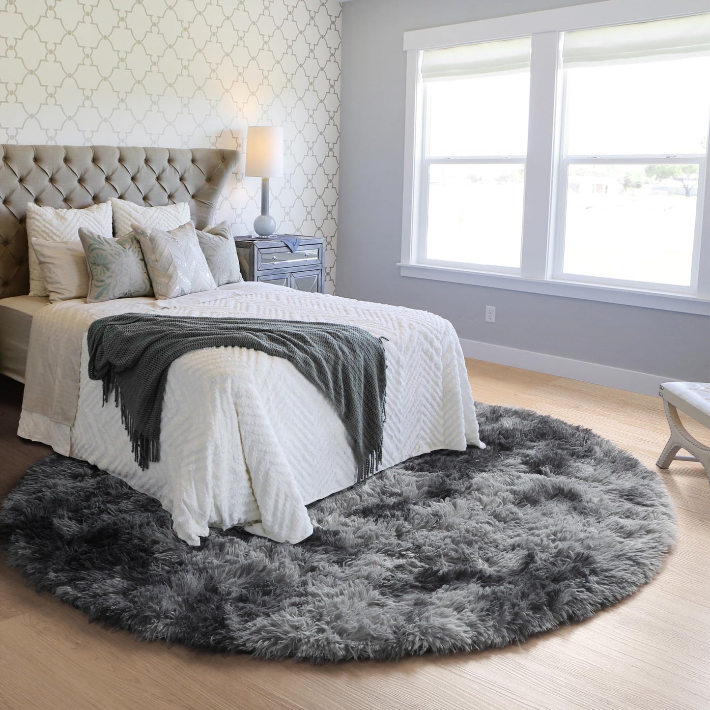 ONASAR Tie-Dyed Dark Grey Round Area Rugs 5ft, Ultra Soft Bedroom Circle Rug for Kids Girls Teen Room, Fluffy Plush Shaggy Carpet Floor Mats for Baby Nursery Living Room Playroom Home Decor