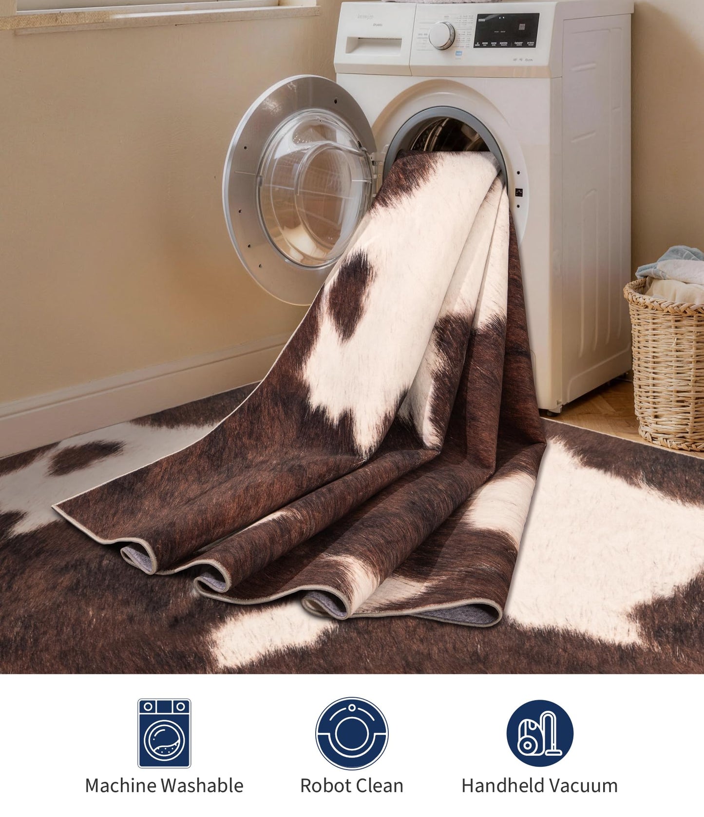 YIHOUSE Cowhide 5x7 Area Rug, Brown Cow Rugs for Living Room, Soft Low-Pile Washable Rug, Western Rustic Faux Animal Print Rugs for Bedroom, Dining Room