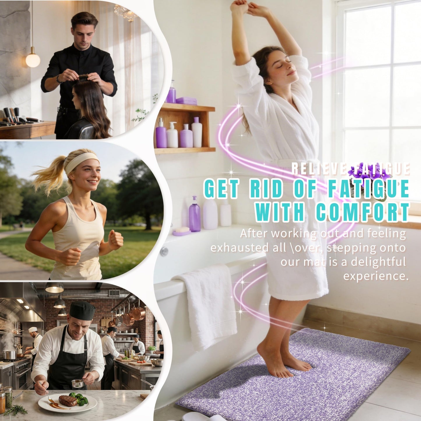 Yimobra Cushioned Anti-Fatigue Bathroom Rug, Bath Mat Non Slip Washable, Dense Soft Microfiber for Bathroom Sink, Shower, Tired Feet Comfort, Absorbent, 24" X 17", Purple and White