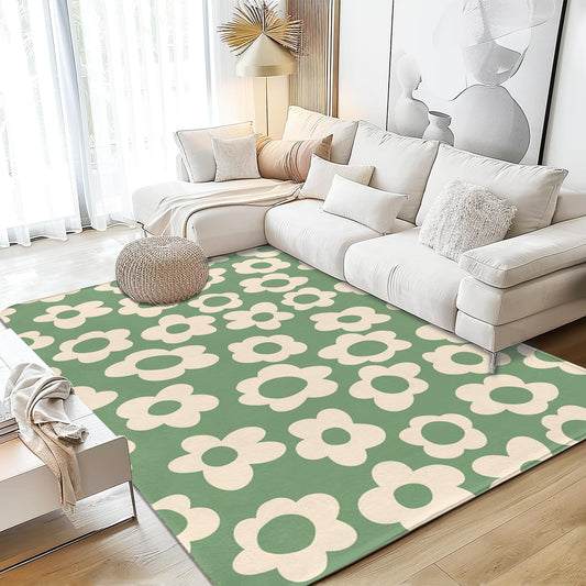 Vintage Groovy Flower Area Rug for Living Room,Washable Area Rugs 5x7 Non-Slip Soft Rug for Bedroom Ultra-Thin Stain Resistant Dining Room Rugs, Low-Profile Carpet Rug for Office