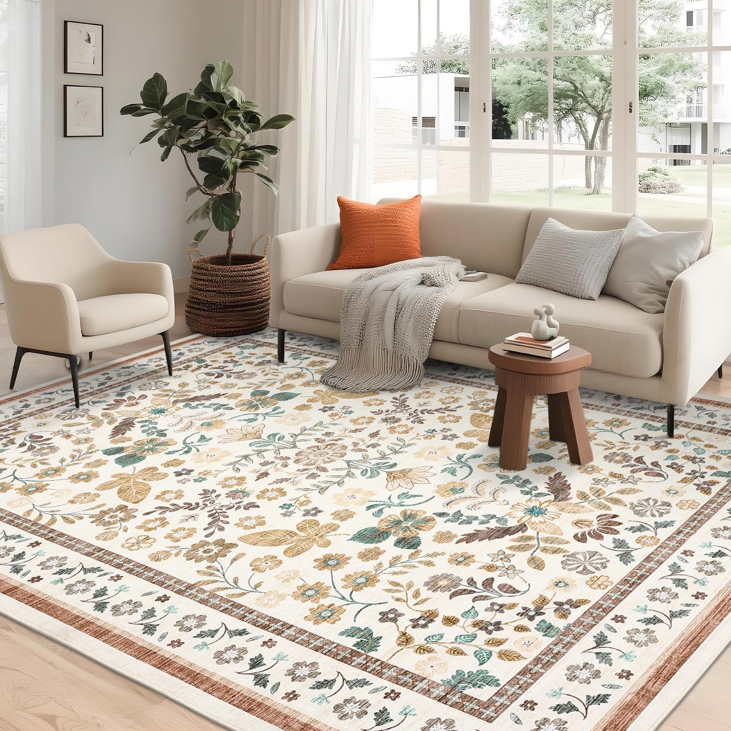 GarveeHome Rugs for Living Room 9x12 Machine Washable Soft Print Boho Low Pile Flower Area Rugs Non-Slip Backing Stain Resistant for Bedroom Farmhouse Dining Room Nursery Beige