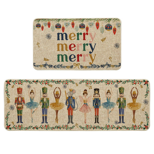 Artoid Mode Watercolor Nutcrackers Merry Christmas Decorative Kitchen Mats Set of 2, Home Party Low-Profile Kitchen Rugs - 17x29 and 17x47 Inch