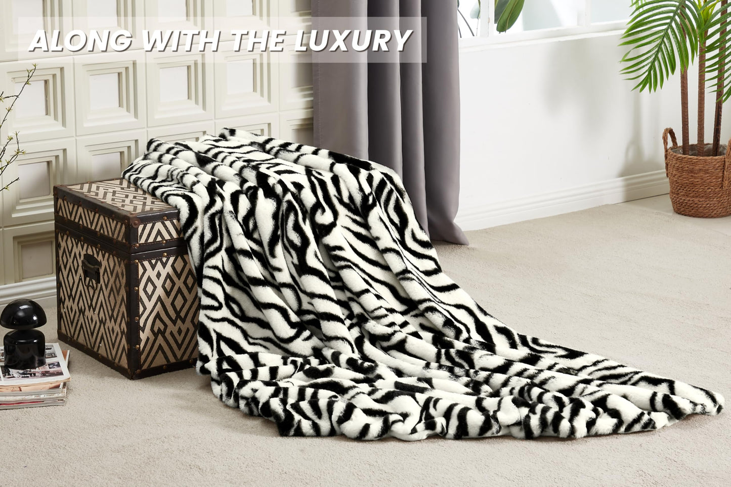 JONIYEAR Soft Fluffy Zebra Print Faux Rabbit Fur Throw Blanket 50" x 60", Luxury Cozy Shaggy Fuzzy Blankets, Reversible Cute Warm Animal Printed Blanket for Women Winter,Washable,Cream White and Black