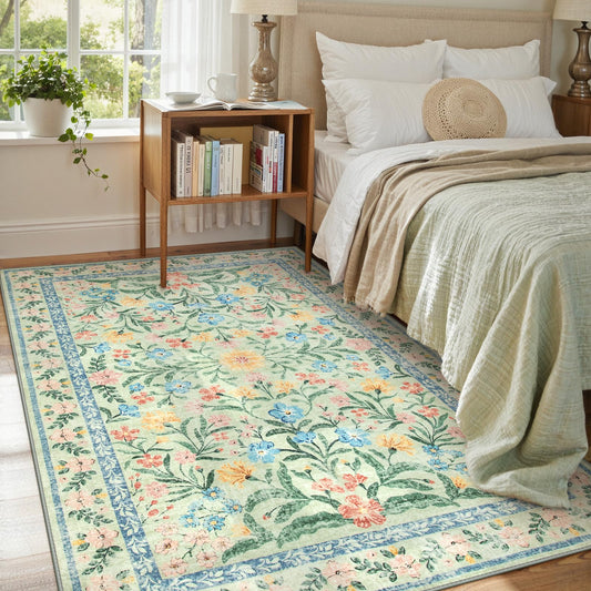Lahome Sylvie Washable Green Rug, 5x7 Whimsical Floral Rug for Nursery, Boho Cute Bedroom Carpet for Playroom Baby Girl Nursery Classroom Decor, Green/Multi
