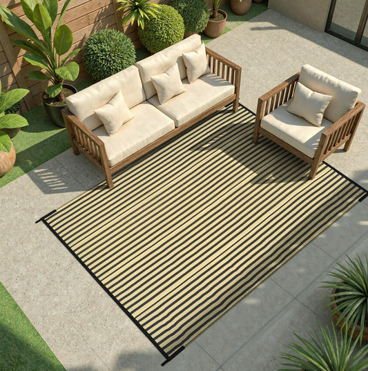 LEEVAN Waterproof Outdoor Rug 6x9 Patio Rug Clearance Black and Tan Plastic Straw Area Rug for Backyard Striped Camping Outside Mat for Picnic, RV, Deck, Bench, Balcony
