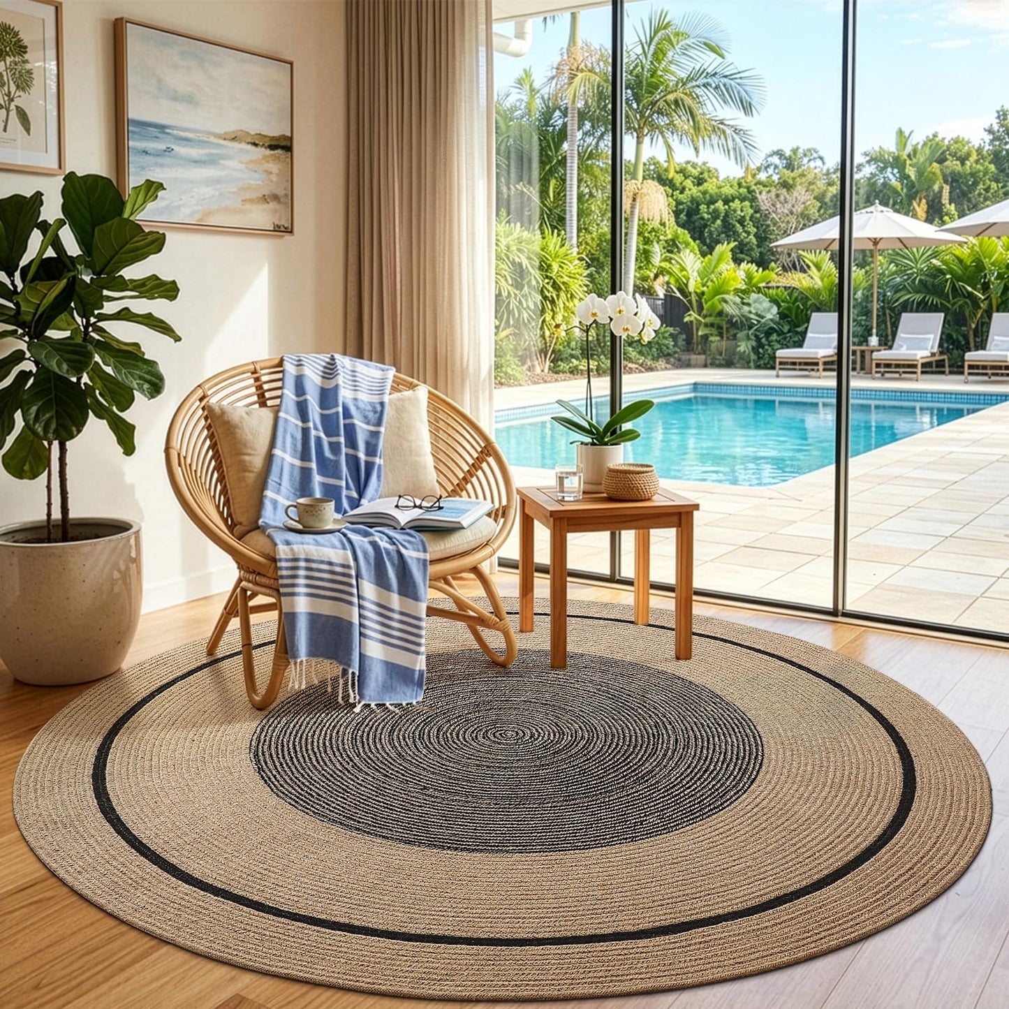 LUMI Jute Area Rug 8ft Round for Living Room, Natural Braided Woven Rugs Non Slip, Neutral Farmhouse Carpets No Shedding, Durable for High Traffic, Dining Room, Indoor, Outdoor, Patio