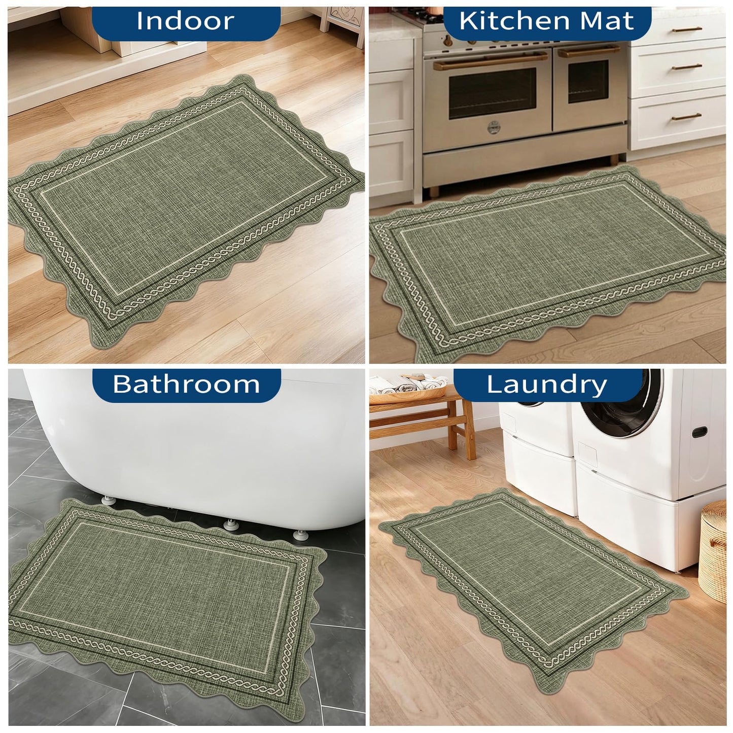 GarveeHome Scalloped Door Mat 2x3 Indoor Rugs for Entryway Washable Non-Slip Solid Small Rug Modern Soft Low-Pile Stain Resistant Carpet for Bedroom Kitchen Entrance Laundry, Green