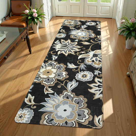 Lahome Floral Washable Runner Rug - 2x6 Runners for Hallways Non-Slip Low-Pile Kitchen Rug, Black Paisley Print Carpet for Laundry Bedroom Entryway （(2’X 6’, Blacak)