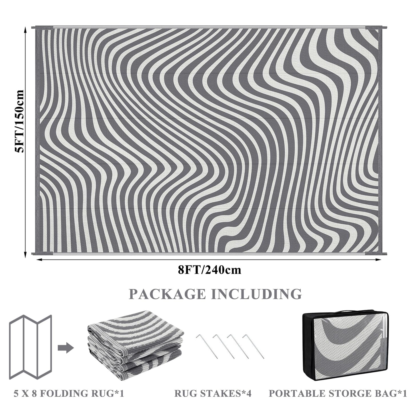 Vaukki Outdoor Patio Rug 5x8, Waterproof Woven Plastic Straw Camping Area Mat, Grey RV Striped Outside Reversible Carpet Clearance for Porch Backyard Deck Balcony