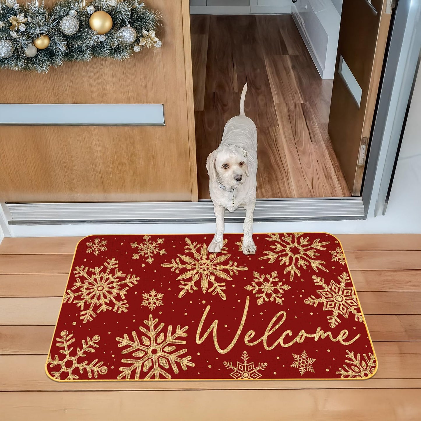 JYKCUL Snowflake Christmas Doormat,Snowflakes Winte Xmas Decorative Doot Mat Non-Slip Low-Profile Indoor Outdoor Welcome Mat Washable Winter Holiday Doormat 17" x 29"