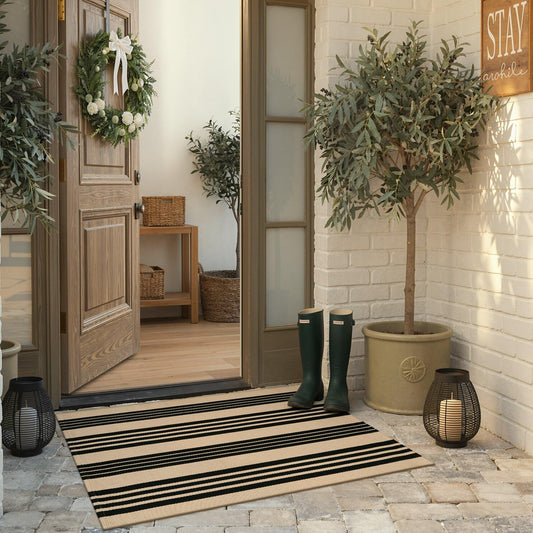 KIMODE Outdoor Rug Spring Decor 27.5"x43", Black and Khaki Striped Front Porch Rugs, Reversible Washable Front Door Mats, Hand Woven Welcome Layered Doormat Entryway Rug for Entrance Farmhouse