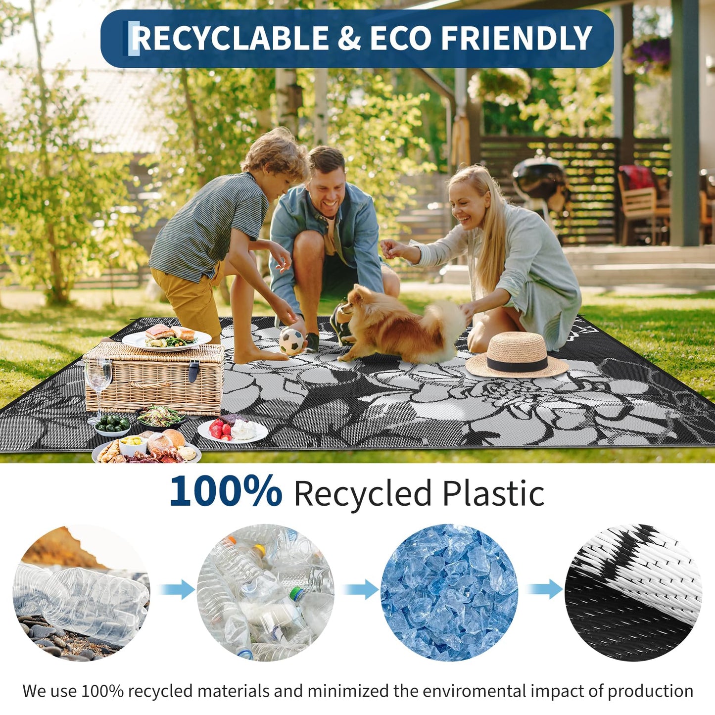 IDEALHOUSE Reversible Outdoor Rug, 320GSM Recycled Plastic Patio Rug, Lightweight Folding Camping Mat with Carry Bag and 4 Stakes, for RV, Picnic, Beach, Balcony, Black White, 9x18 ft