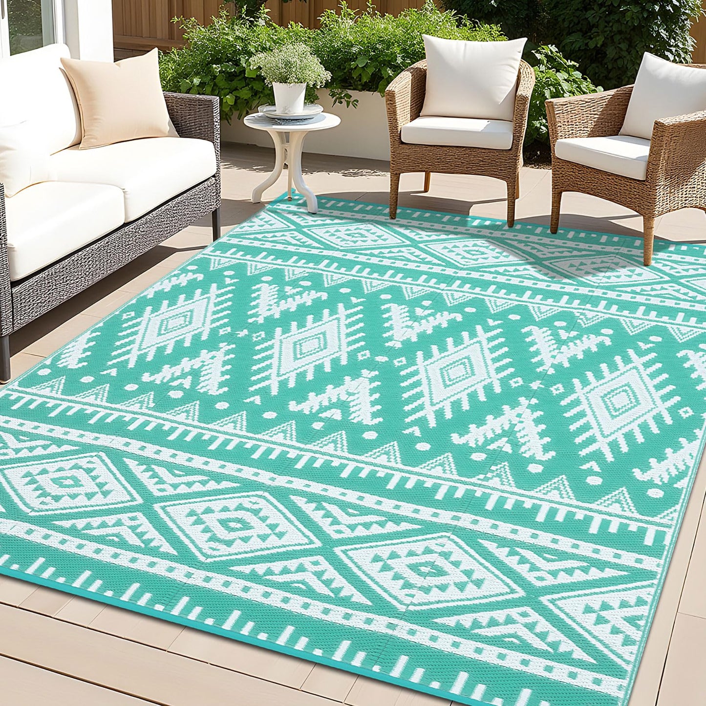 OLANLY Outdoor Rug Waterproof 9x12 ft, Reversible Outdoor Plastic Straw Rug, Boho Patio Rug, Indoor Outdoor Carpet, RV Mat Outside for Patio, Camp, Picnic, Balcony, Deck, Backyard, Turquoise & White