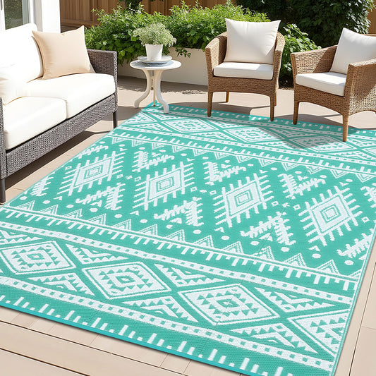 OLANLY Outdoor Rug Waterproof 9x12 ft, Reversible Outdoor Plastic Straw Rug, Boho Patio Rug, Indoor Outdoor Carpet, RV Mat Outside for Patio, Camp, Picnic, Balcony, Deck, Backyard, Turquoise & White