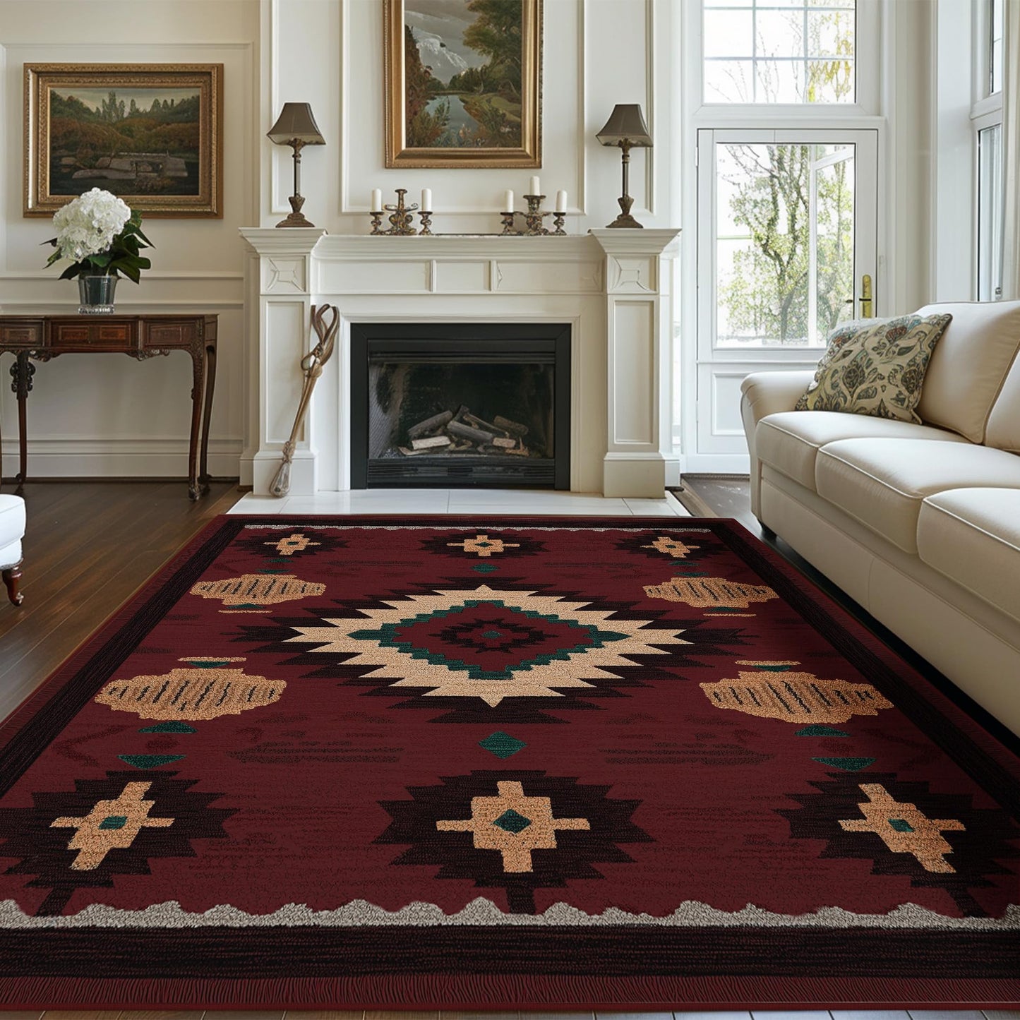 8x10 Area Rug for Living Room Western Rug Aztec Southwestern Rugs Machine Washable Tribal Navajo Southwest Rug Non Slip Printed Low-Pile Indoor Floor Carpet for Dining Room Bedroom Office, Red