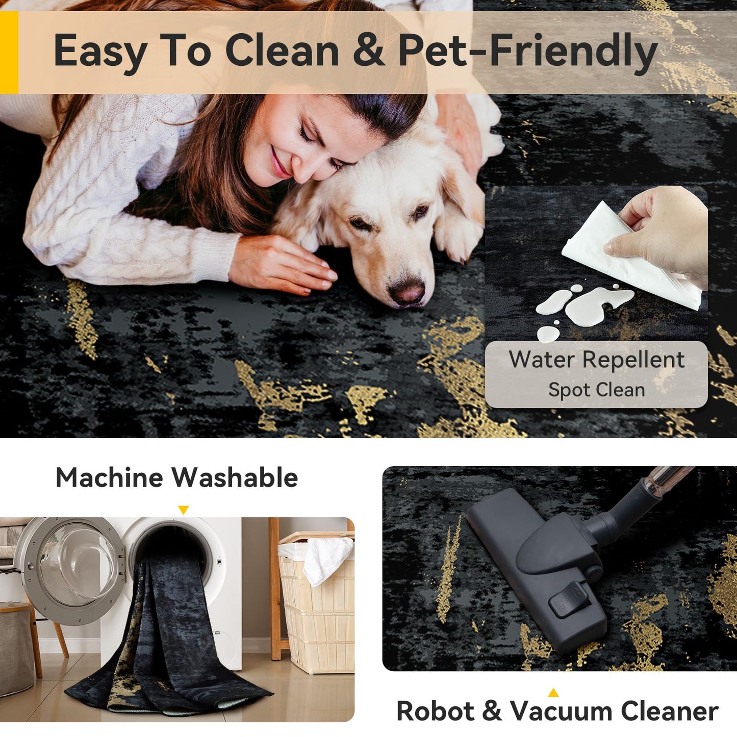 RELEANY Washable Area Rugs 8'x10' Non-Slip Modern Abstract Soft for Living Room Entryway Bedroom Kitchen, Print Pattern, Dark Black Gold