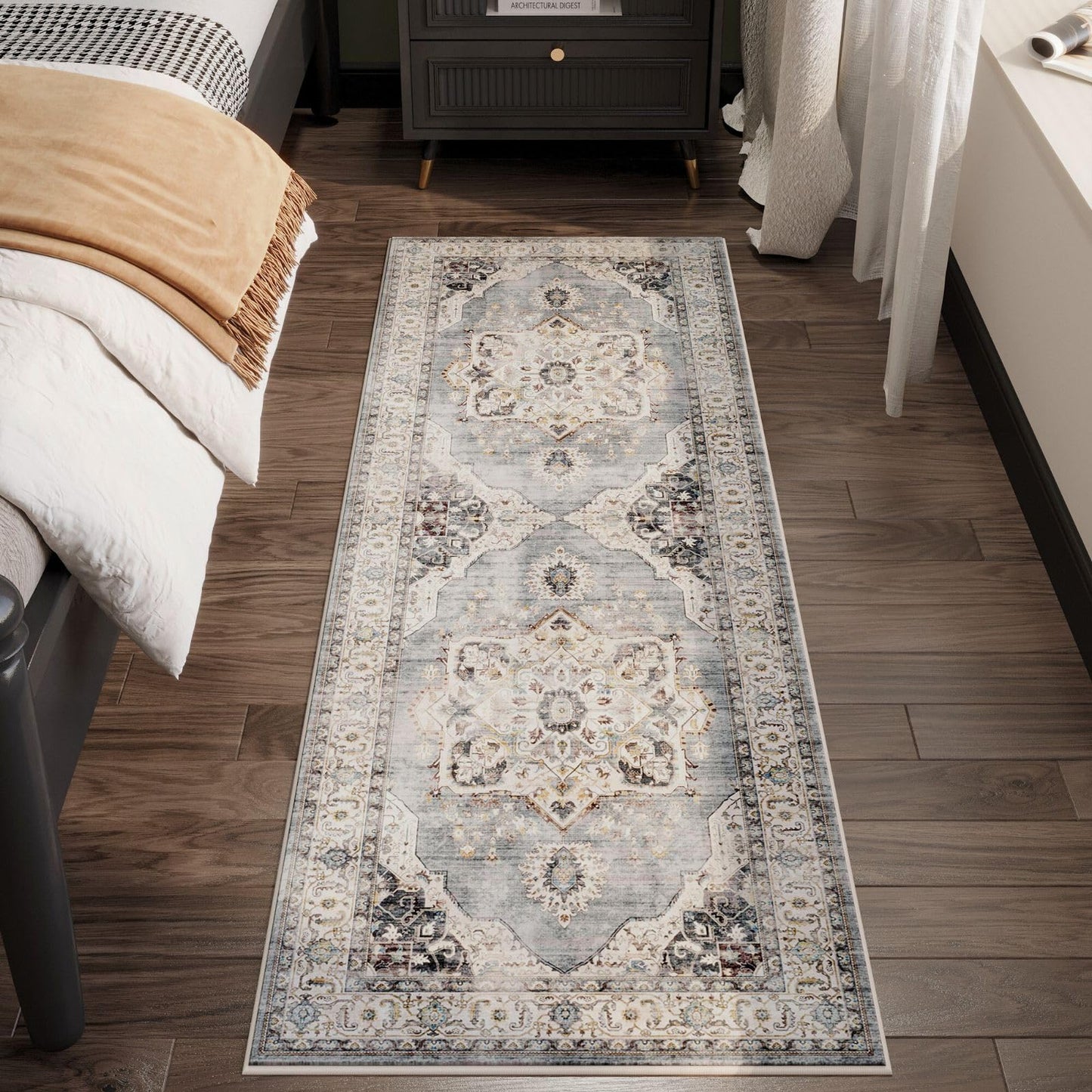 Rugcomf Vintage Medallion Kitchen Rugs Non Slip Washable 2'7"x8' - Low Pile Runner Rug, Boho Carpet for Hallways, Laundry, Bedroom, Bathroom - Grey and White