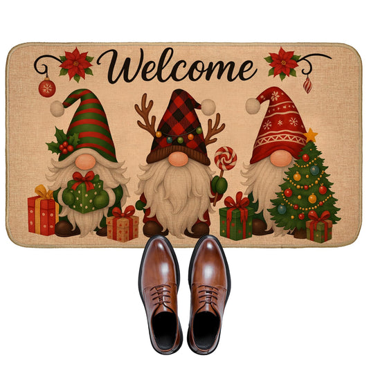 Christmas Gnome Welcome Door Mat for Outdoor Indoor Porch, 29.5"×17" Festive Holiday Gnomes Linen Doormat Floor Mat, Rustic Farmhouse Non-Slip Rug for Front Door, Kitchen, Bathroom, Home Decor, Gifts