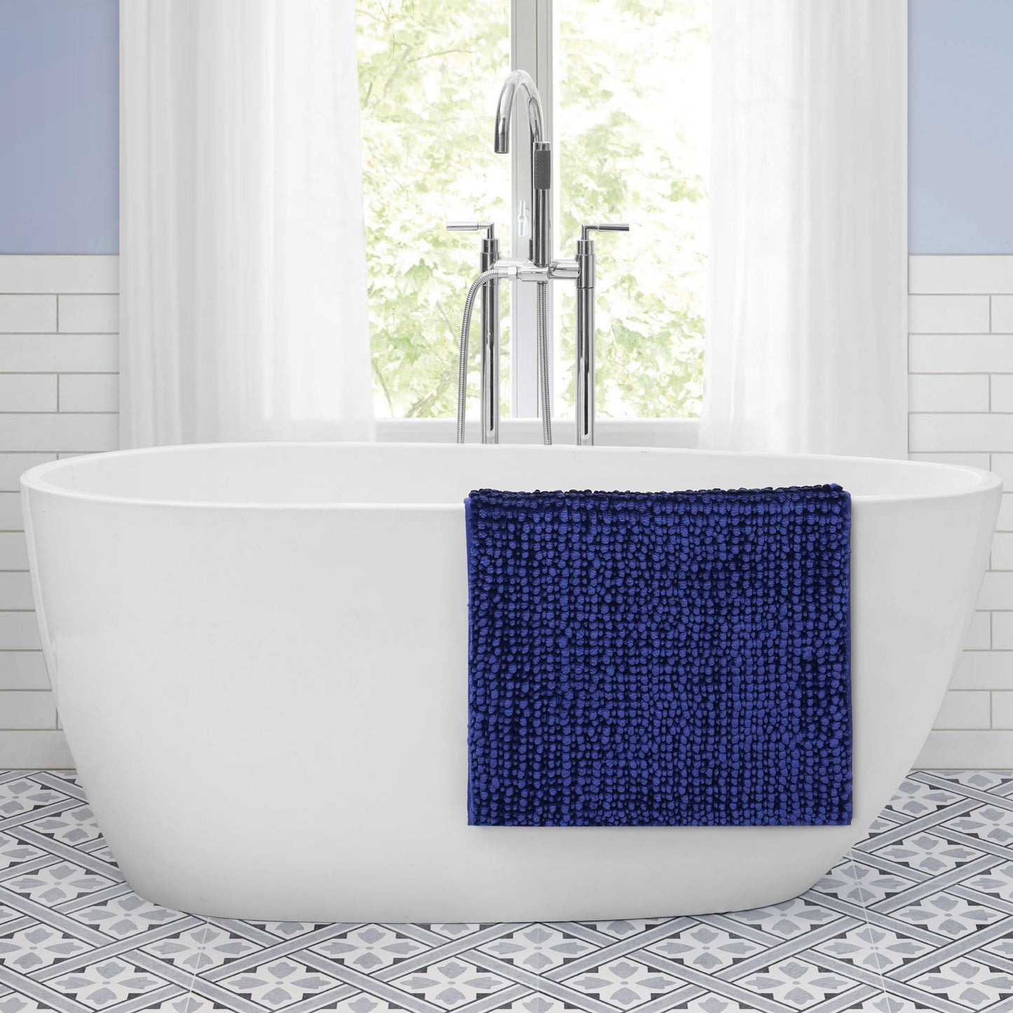 Laura Ashley Butter Chenille Bath Rug, Absorbent Shaggy Bathroom Mat, Non Slip Plush Carpet Rugs for Tub and Sink - (27'' x 45'') Navy
