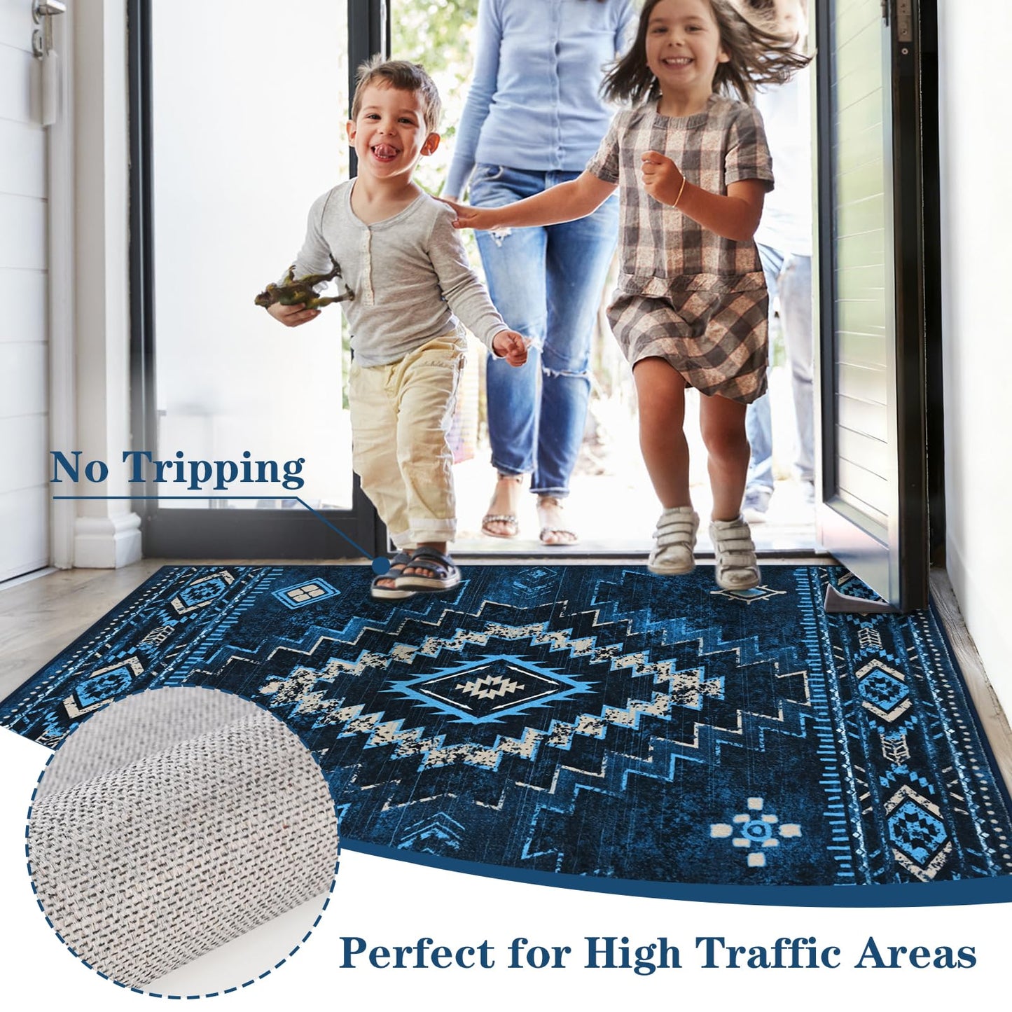 Yinhua Western 2x3 Rug Non-Slip, Aztec Entryway Rugs Low-Pile, Navy Blue Moroccan Washable Rug Stain Resistant, Front Door Rugs with Rubber Backing for Bathroom Kitchen Hallway