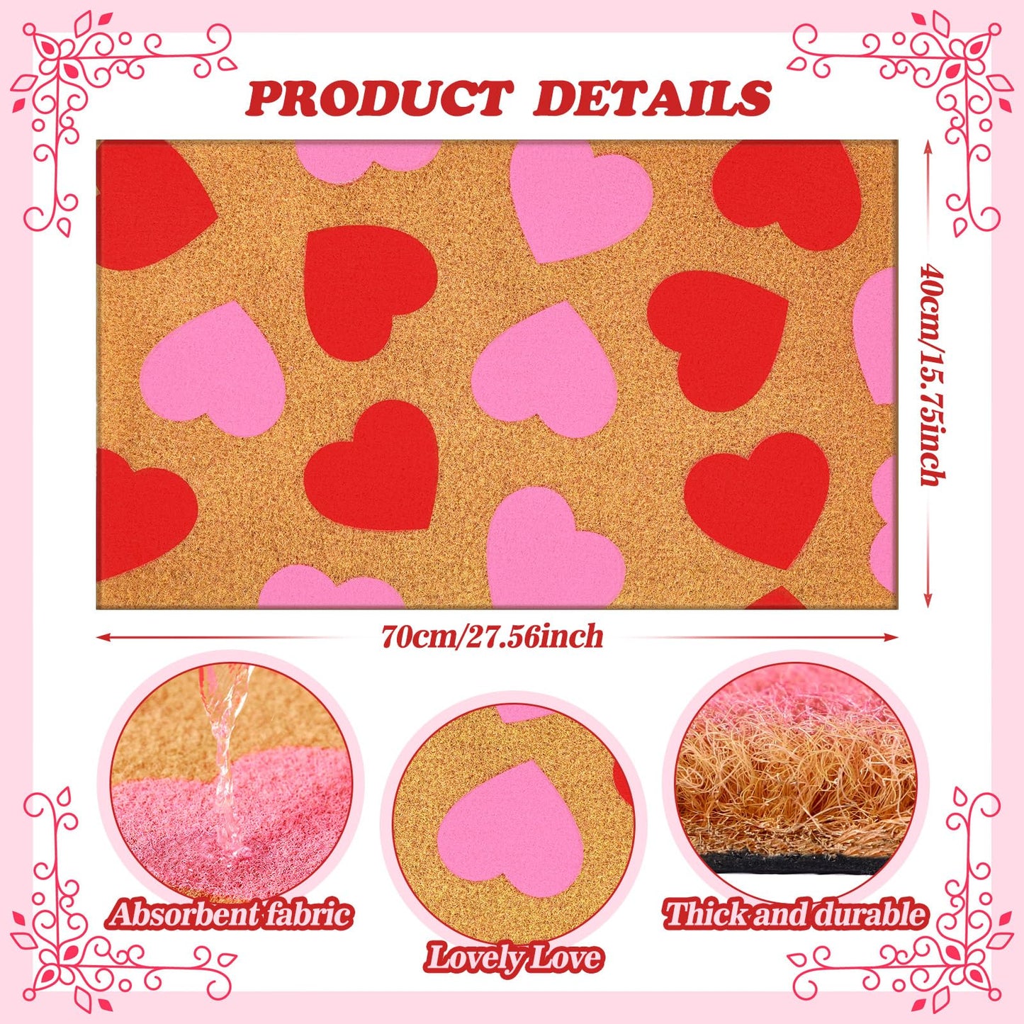 Tinideya Valentine's Day Door Mat Coir Doormat Valentine's Day Rug Front Mat Red Pink Heart Rectangle Entrance Door Rug for Indoor with Non-Slip Bottom Lining for Family Anniversary 16 x 28 Inches