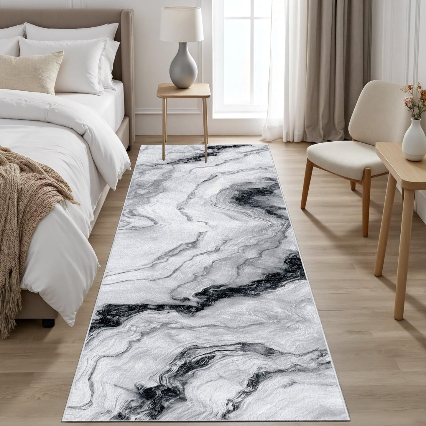 Marble Swirl Runner Rug Non Slip, Minimalist Gray White Carpet Runners for Hallway 2x8 ft, Modern Abstract Marble Throw Rugs Washable Kitchen Rug Floor Mat Rugs for Bathroom Laundry Room Entryway