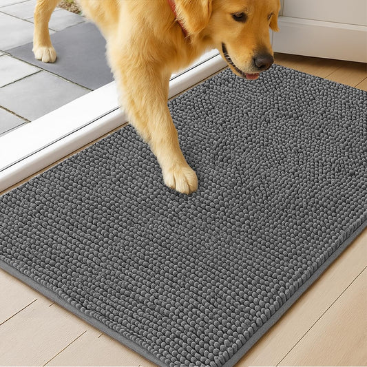 MUDGUARD MAT® Dog Door Mat for Muddy Paws, Super Absorbent Microfiber, Non-Slip Indoor Mat, Quick-Dry Chenille Rug for Pets & Entryway, Machine Washable, Grey 16" x 24"