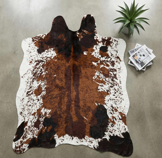 JACCAWS ACCAWS Faux Cowhide Rug Large (4.6ft x 6.6ft),Natural Pattern Tricolor Cow Print Rug for Bedroom Living Room,Flat-Lay,Non-Slip Backing Animal Print Rug,New Housewarming Gifts Western Decor.