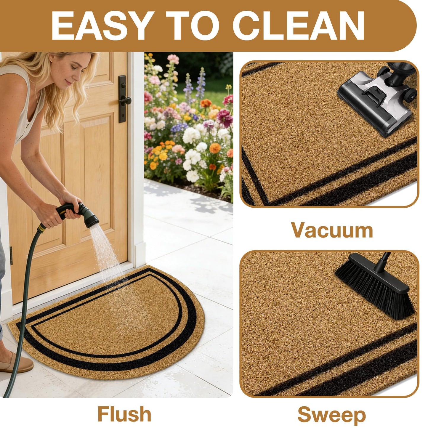OLANLY Half Circle Front Door Mat, Low Profile Doormat, Stain and Fade Resistant, Easy to Clean, for Indoor and Outdoor Entrances, Patio Porch or Entryway, Brown (30x17 Inch, Classic Border)
