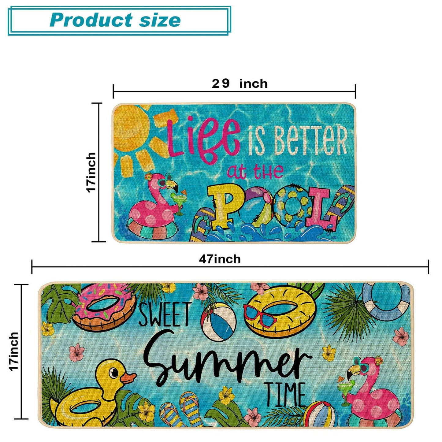 Baccessor Summer Pool Kitchen Rugs Set of 2, Poolside Tropical Flamingo Kitchen Mats Non-Slip Low Profile Seasonal for Floor Hallway Laundry Sink Patio Porch Home Decor 17x29 and 17x47 Inch
