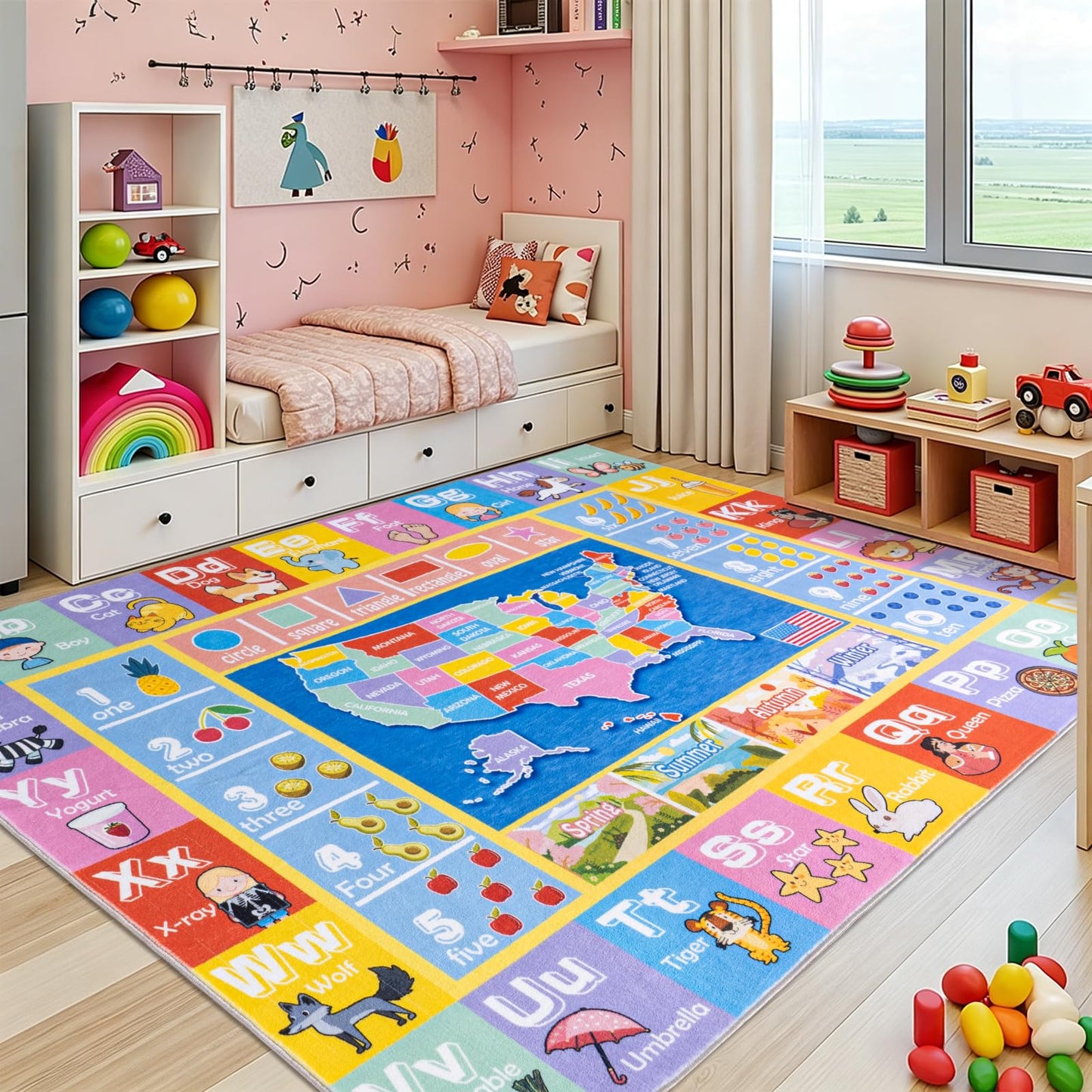 OHDS Kids Rugs for Playroom - Soft & Non-Slip 4x5 Feet Educational Rug for Learning ABC Alphabet, Numbers, Shapes & Map, Washable Classroom Rug for Toddler Nursery & Kids Room Decor