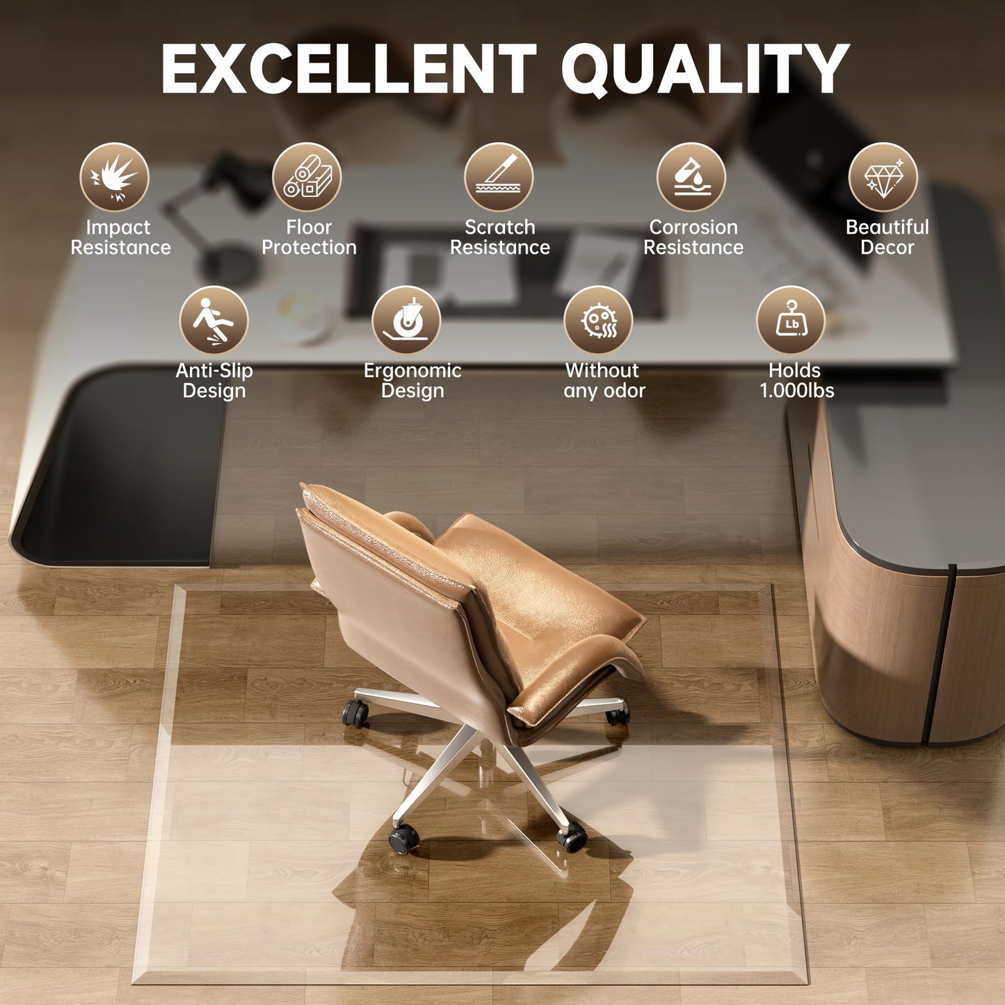 [Tempered Glass] 47“ x 40” Beveled Edge Glass Chair Mat with Polished Edge Clear Office Chair Mat, Glides Smoothly, Suitable for Carpet or Hardwood Floors