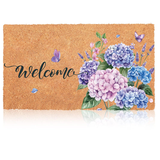 Blosssound Summer Hydrangea Nature Coir Doormat 17x29 Inch Summer Butterfly Welcome Mats Hydrangea Rugs Decorative Front Porch Rugs Non Slip Entrance Kitchen Door Mat Indoor and Outdoor Home Decor
