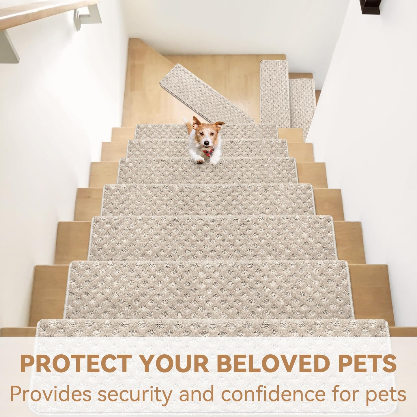Bullnose Stair Treads Non Slip 9.5" x 32", 14 Pcs Carpet Stair Treads for Wooden Steps Indoor with Edge Protection, Reusable Peel and Stick TPU Backing Stair Runner Rugs - Lattice Pattern Beige Grey