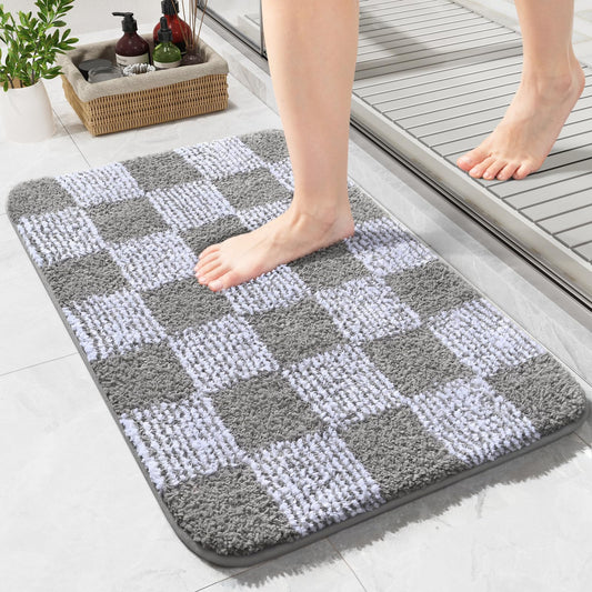 LOCHAS Microfiber Bathroom Rug 24×17 Inch, Non Slip Rubber Backing Absorbent Soft Bath Mat, Machine Washable Carpet for Bathroom Kitchen Bedroom Entryway, Grey