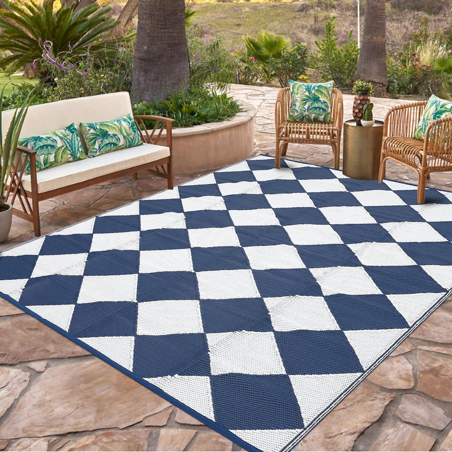 Garvee 9x12 Outdoor Rug for Patio Plastic Straw Rug Waterproof Reversible Mat Lightweight Foldable Carpet Easy Clean Large Rugs for Patio Porch Backyard Camping RV Beach Balcony Deck Checkered Navy