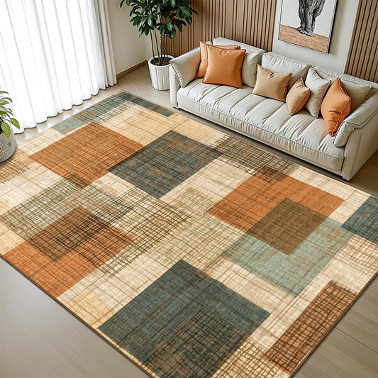 Modern Indoor Area Rug for Living Room, 5x7 Low Pile Geometric Patchwork Rug for Bedroom Dining Room Office Hardwood Floor Home Decor, Non-Slip Non-Shedding Faux Wool Machine Washable Area Rug, Orange