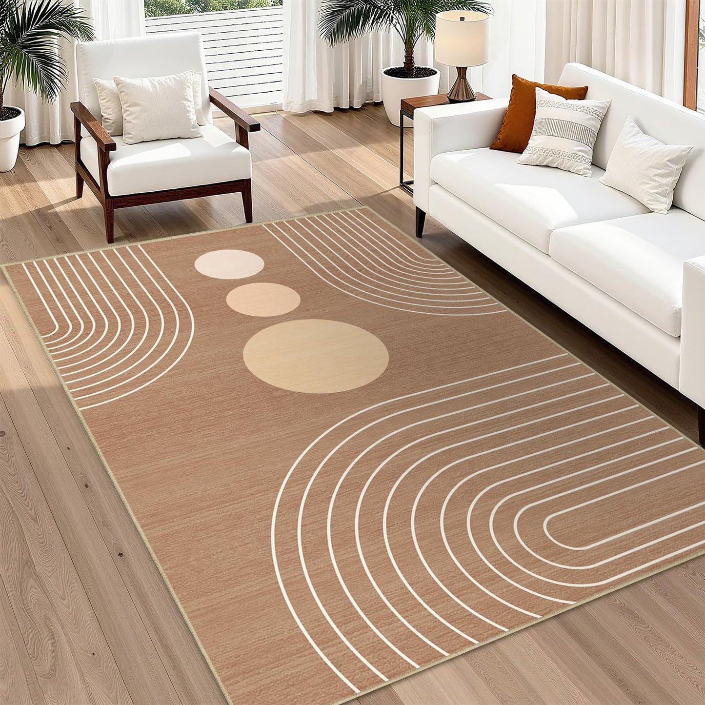 Area Rug 5x7 Boho Modern Minimalist Geometric Abstract Rug Brown Mid Century Modern Rug for Living Room Machine Washable Non-Slip Printed Low Pile Indoor Carpet for Bedroom Dining Room Office Brown