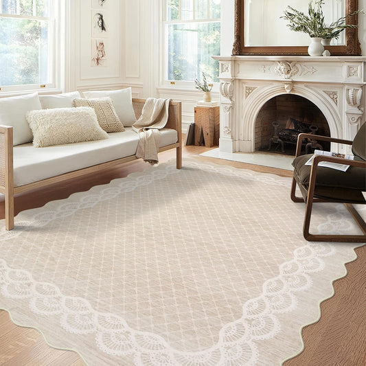 LUXLOOM Area Rug 9x12 Washable Rugs for Living Room Modern Scalloped Throw Rugs Soft Indoor Floor Cover Lace Print Irregular Mat Non-Slip Low-Pile Rug for Dining Room Office Nursery Dorm Lace Beige