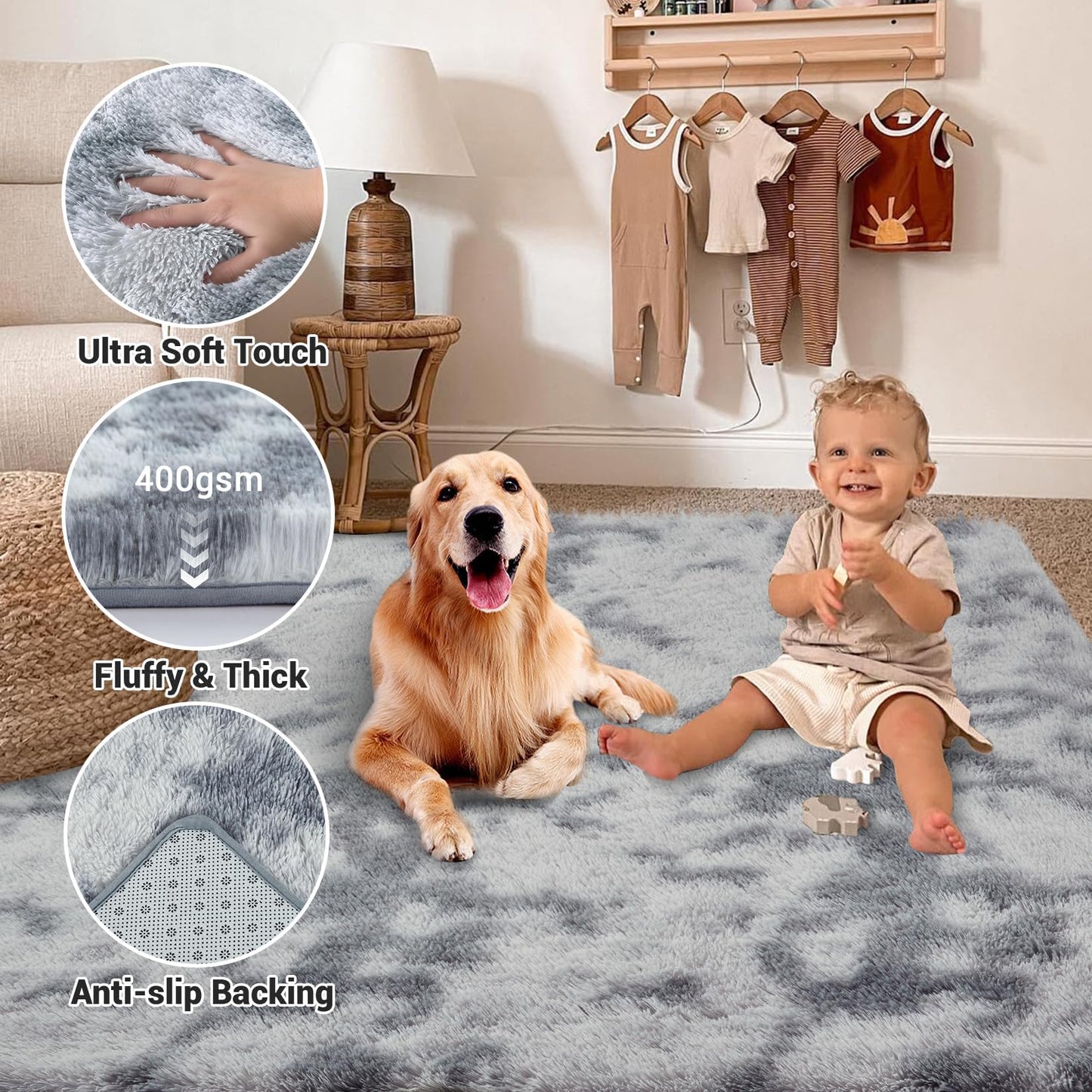 Garvee 8'x10' Oversized Fluffy Area Rug, Tie-Dye Luxury Shag Carpet for Living Room, Large Fuzzy Plush Rug for Basement & Family Room, Non-Slip, Bedroom Decor, Tie-Dyed Light Grey