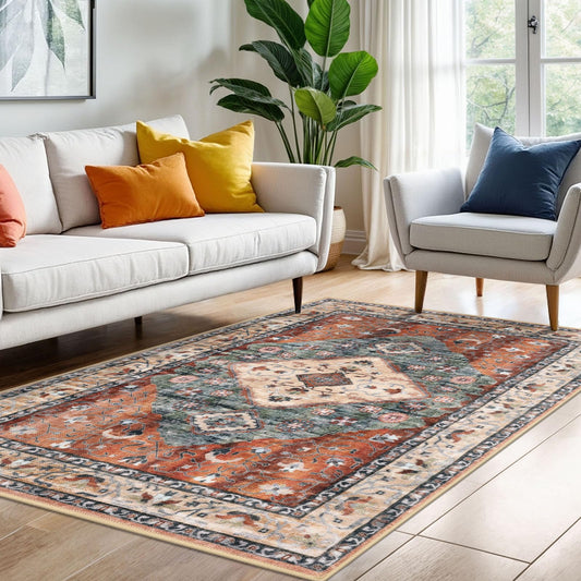 KOZYFLY Boho Area Rug 4x6 Ft Rugs for Entryway Washable Entry Rug Non Slip Rug for Living Room Rust/Orange/Blue Printed Faux Wool Vintage Bedroom Throw Rugs for Entrance Kitchen Living Room