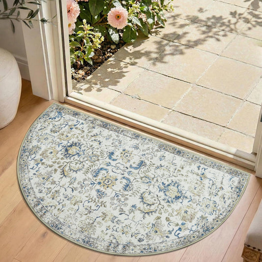 jinchan Kalen Vintage Floral Washable Area Rug, 2x3 Half Circle Entryway Rug, Low Pile Half Moon Doormat Soft Non Slip Dirt Trapping Carpet for High Traffic Kitchen Bathroom, Distressed Blue