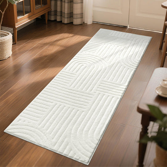 SHACOS Soft Cozy Fluffy Arch Pattern High Low Pile Runner Rugs 2'x6' Non Slip Washable Scandinavian Minimalist Rug Modern Geometric Arc Carpet for Living Room Bedroom Bathroom, Cream White