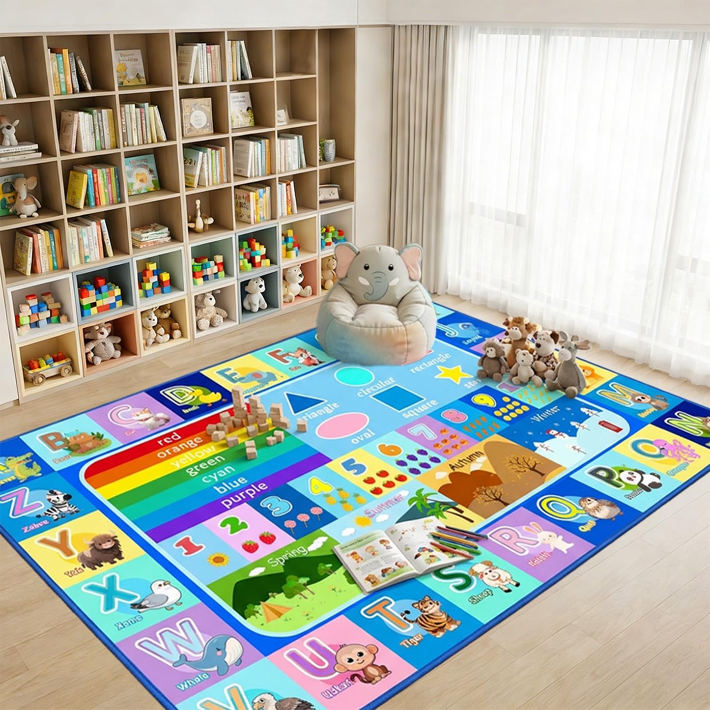 OGPJKEQR ABC Rugs for Kids Playroom Classroom, 4.5x6 Ft Educational Alphabet Rug with Numbers Animals Seasons Fruits, Non-Slip Washable Soft ABC Mat for Nursery Bedroom Boys Girls, Blue