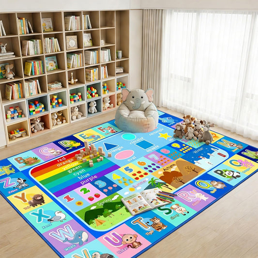 OGPJKEQR ABC Rugs for Kids Playroom Classroom, 4.5x6 Ft Educational Alphabet Rug with Numbers Animals Seasons Fruits, Non-Slip Washable Soft ABC Mat for Nursery Bedroom Boys Girls, Blue