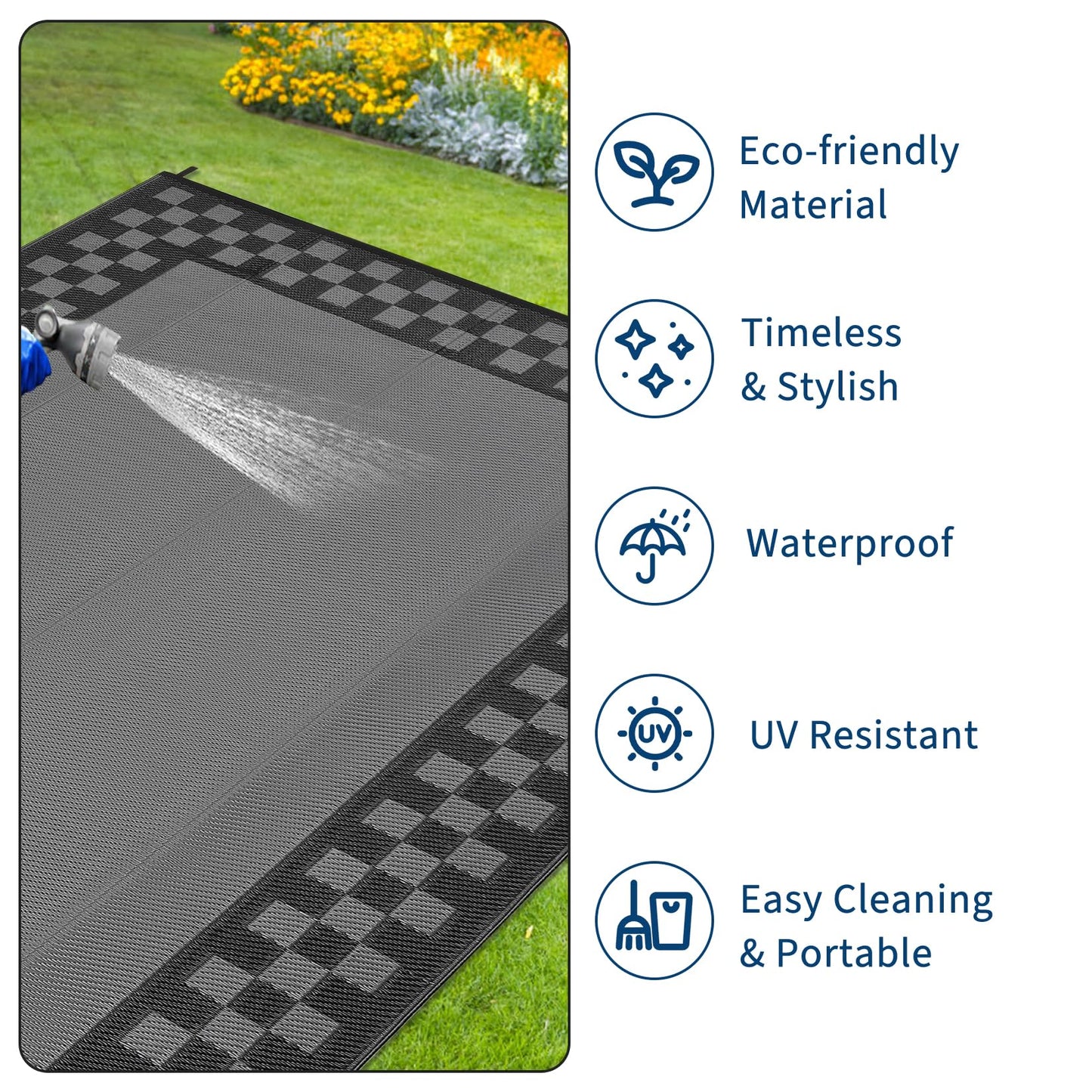 9x12 Outdoor Rug Waterproof Foldable Plastic Straw Carpet for Patio Porch Modern Checkered Reversible Mat Lightweight Floor Mat for Picnic, Backyard, Rv, Beach, Deck, Camper, Balcony, Grey