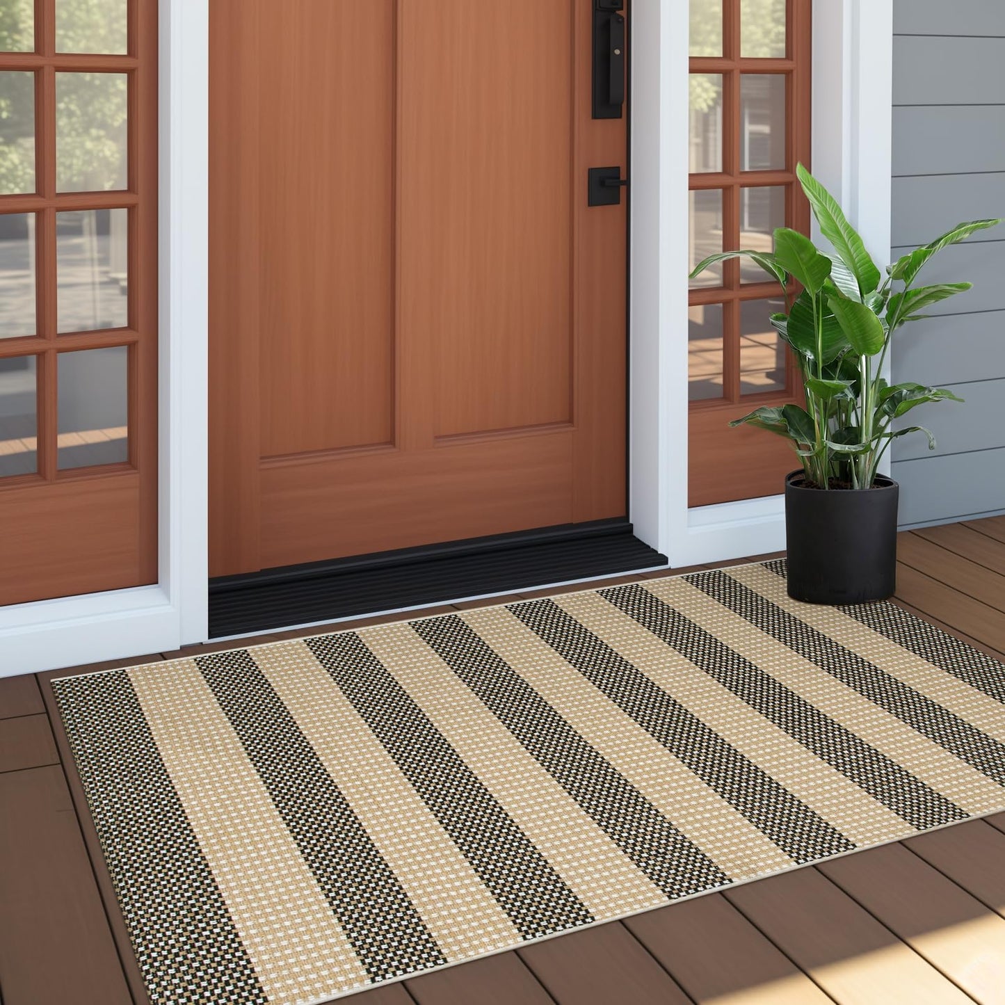 OJIA Front Door Rug 24"x51" Outdoor Doormat Washable Front Door Mat Indoor Entrance Tan Washable Porch Rug Woven Striped Outdoor Mat Entryway Rugs Small Area Rug for Kitchen Entry Bathroom